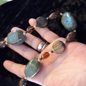 Elegant Blue and Brown Glazed Ceramic Beaded Necklace. 22 +3 In